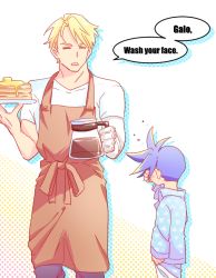 Rule 34 | 2boys, aged down, ahoge, apron, batakopart2, blonde hair, blue hair, child, coffee pot, english text, food, galo thymos, holding, holding plate, kray foresight, looking at another, male focus, multiple boys, pajamas, pancake, pancake stack, plate, promare, shirt, short sleeves, simple background, speech bubble, spiked hair, standing, white background, white shirt