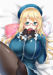 Rule 34 | 10s, 1girl, aqua eyes, atago (kancolle), bespectacled, blonde hair, breasts, cat-shaped pillow, frilled pillow, frills, glasses, gloves, hat, huge breasts, kantai collection, long hair, looking at viewer, lying, omamori, pantyhose, pillow, shibi, solo