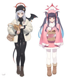 Rule 34 | 2girls, artist name, bag, beanie, black hair, black headwear, black horns, black pants, black shirt, black wings, blue archive, blush, boots, braid, brown footwear, cross-laced footwear, demon horns, fake wings, food, full body, fur-trimmed boots, fur trim, fuuka (blue archive), grey hair, halo, haruna (blue archive), hat, highres, holding, holding bag, holding food, horns, jacket, long hair, long sleeves, mittens, multiple girls, open clothes, open jacket, open mouth, pants, pantyhose, paper bag, pink headwear, pink mittens, pom pom (clothes), red eyes, red halo, scarf, shirt, side braid, signature, simple background, single wing, smile, sweet potato, taiyaki, tomid, twintails, wagashi, white background, white jacket, white pantyhose, white scarf, wings
