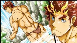Rule 34 | 1boy, bara, bathing, black border, bombom, border, brown male swimwear, facial hair, fafnir (f-kare), feet out of frame, fire, forked eyebrows, from behind, game cg, goatee stubble, heterochromia, long sideburns, male focus, male swimwear, multiple views, muscular, muscular male, official art, partially submerged, red eyes, red hair, short hair, shoukan yuusha to f-kei kareshi, sideburns, stubble, thick eyebrows, topless male, water, water drop, waterfall, yellow eyes