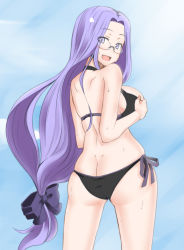 Rule 34 | 1girl, ass, ass focus, bare legs, bare shoulders, bikini, black bikini, blush, breast hold, breasts, butt crack, colorized, fang, fate/stay night, fate (series), glasses, hair ribbon, large breasts, long hair, looking back, low-tied long hair, medusa (fate), medusa (rider) (fate), monochrome, ribbon, side-tie bikini bottom, smile, square pupils, sweat, swimsuit, very long hair, zanku