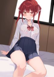Rule 34 | 1girl, artist request, bed sheet, blush, breasts, collarbone, dress shirt, grin, hair ribbon, highres, hololive, houshou marine, looking at viewer, medium breasts, red eyes, red hair, ribbon, shirt, sitting, skirt, smile, solo, thighs, twintails, virtual youtuber
