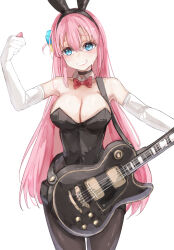 Rule 34 | 1girl, absurdres, animal ears, black leotard, black pantyhose, blue eyes, bocchi the rock!, breasts, cleavage, cube hair ornament, detached collar, elbow gloves, fake animal ears, gloves, gotoh hitori, guitar, hair ornament, highres, holding, holding plectrum, instrument, large breasts, leotard, nui gurumi, pantyhose, pink hair, playboy bunny, plectrum, rabbit ears, simple background, solo, sweat, white background, white gloves