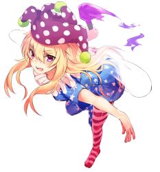 Rule 34 | 1girl, american flag dress, american flag legwear, asuzemu, blonde hair, clownpiece, fire, full body, hair between eyes, hat, holding, jester cap, leaning forward, long hair, looking at viewer, neck ruff, outstretched arms, pantyhose, pink eyes, polka dot, short sleeves, simple background, smile, solo, star (symbol), star print, striped, torch, touhou, white background