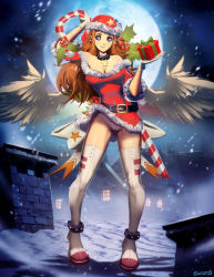 Rule 34 | 1girl, belt, boots, breasts, candy, candy cane, choker, christmas, cleavage, food, genzoman, gift, hat, holding, holding candy, holding candy cane, large breasts, legs, night, original, panties, santa costume, santa hat, snow, solo, star (symbol), thigh boots, thighhighs, underwear, wings