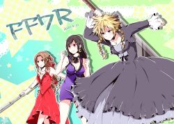 1boy 2girls aerith_gainsborough aerith_gainsborough_(red_dress) aqua_eyes armlet blonde_hair blue_negligee bow braid breasts buster_sword choker cleavage clenched_hands cloud_strife cloud_strife_(black_dress) crescent crescent_earrings crossdressing dated dress earrings feet_out_of_frame final_fantasy final_fantasy_vii final_fantasy_vii_remake flamenco_dress flower frilled_dress frilled_sleeves frills green_background green_eyes grey_dress hair_between_eyes hair_bow hair_flower hair_ornament hair_ribbon highres holding holding_staff holding_sword holding_weapon jewelry large_breasts long_dress long_hair medium_breasts medium_hair multiple_girls nanao_(zonzonsh) narehate necklace official_alternate_costume open_mouth parted_bangs plunging_neckline ponytail red_dress red_eyes red_flower red_ribbon ribbon ribbon_choker short_dress sidelocks smile spiked_hair staff strapless strapless_dress sword tifa_lockhart tifa_lockhart_(refined_dress) twin_braids weapon white_bow