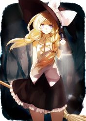 Rule 34 | 1girl, adapted costume, alternate hairstyle, blonde hair, blue eyes, bow, braid, broom, female focus, flashlight, forest, gloves, hat, kirisame marisa, lia-sama, long hair, nature, night, purple eyes, sleeveless, solo, touhou, tree, twin braids, witch, witch hat