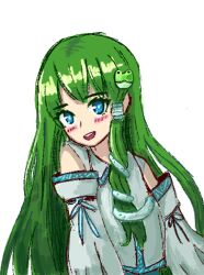 1girl blue_eyes detached_sleeves frog_hair_ornament green_hair hair_ornament hair_tubes kochiya_sanae long_hair mountain_of_faith non-web_source open_mouth smile snake_hair_ornament touhou