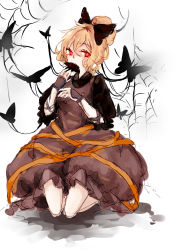 Rule 34 | 1girl, black bow, black butterfly, blonde hair, bow, brown dress, bubble skirt, bug, butterfly, curly hair, dress, eating, hair bow, high ponytail, highres, bug, kagari6496, kneeling, knees, kurodani yamame, lace-trimmed bow, lace trim, looking at viewer, ponytail, red eyes, silk, simple background, skirt, solo, spider web, stuck, touhou, white background