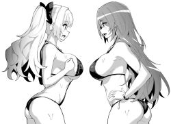 Rule 34 | 2girls, :d, armpits, ass, azur lane, bare arms, bare shoulders, bikini, bow, breasts, cowboy shot, from side, greyscale, hair bow, hori (hori no su), jewelry, large breasts, littorio (azur lane), long hair, looking at another, monochrome, multiple girls, necklace, open mouth, ponytail, profile, siblings, sisters, skindentation, smile, standing, string bikini, swimsuit, very long hair, vittorio veneto (azur lane), vittorio veneto (the flower of la spezia) (azur lane), wet, wristband