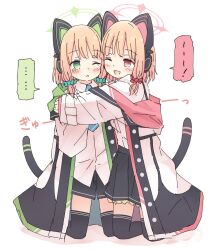 Rule 34 | ..., 2girls, animal ear headphones, animal ears, black skirt, black thighhighs, blonde hair, blue archive, blue necktie, blush, cat tail, collared shirt, fake animal ears, green eyes, green halo, halo, headphones, heart, highres, jacket, kamotsu yasai, kneeling, long sleeves, midori (blue archive), momoi (blue archive), multiple girls, necktie, one eye closed, open clothes, open jacket, open mouth, pink halo, pleated skirt, red eyes, shirt, short hair, siblings, simple background, sisters, skirt, smile, spoken ellipsis, tail, tears, thighhighs, twins, white background, white jacket, white shirt