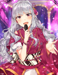 Rule 34 | 1girl, :d, absurdres, blunt bangs, blush, commentary request, earbuds, earphones, earrings, fingernails, floral print, flower, hair flower, hair ornament, hand up, highres, holding, idolmaster, idolmaster (classic), japanese clothes, jewelry, kimono, light particles, long hair, looking at viewer, microphone, music, nail polish, obi, open mouth, petals, pinky out, purple eyes, purple kimono, purple nails, sash, shijou takane, silver hair, singing, smile, solo, spotlight, tuxedo de cat, upper body, wristband