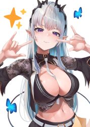 Rule 34 | 1girl, \m/, absurdres, belt, between breasts, black shirt, blue butterfly, blush, breasts, bug, butterfly, cleavage, closed mouth, commentary request, cowboy shot, crop top, demon girl, demon horns, demon tail, grey hair, grey necktie, highres, honey strap, horns, insect, lace shirt, large breasts, long hair, long sleeves, looking at viewer, midriff, mole, mole under eye, mugi maccha, nanashi inc., navel, necktie, necktie between breasts, pointy ears, purple eyes, shirt, simple background, smile, solo, sougetsu eli, sparkle, tail, virtual youtuber, white background, white belt