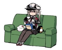 Rule 34 | 1girl, black gloves, black pantyhose, blonde hair, capelet, coffee cup, commentary request, couch, cup, disposable cup, failure penguin, gloves, graf zeppelin (kancolle), hat, kantai collection, long hair, lowres, miss cloud, necktie, pantyhose, peaked cap, sidelocks, simple background, sitting, solid oval eyes, stuffed animal, stuffed shark, stuffed toy, terrajin, trembling, twintails, white background