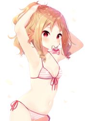 Rule 34 | 10s, 1girl, armpits, arms up, bad id, bad pixiv id, bikini, blonde hair, bow, breasts, closed mouth, commentary request, drill hair, eromanga sensei, front-tie top, hair bow, highres, long hair, looking at viewer, mafuyu (chibi21), mouth hold, pink bow, red eyes, side-tie bikini bottom, sidelocks, simple background, small breasts, solo, standing, striped bikini, striped clothes, swimsuit, twin drills, tying hair, white background, yamada elf