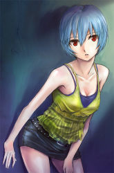Rule 34 | 1girl, ayanami rei, bad id, bad pixiv id, belt, blue hair, breasts, casual, cleavage, hashi, miniskirt, neon genesis evangelion, pencil skirt, red eyes, short hair, skirt, small breasts, solo