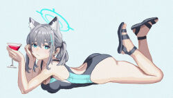 Rule 34 | 1girl, animal ear fluff, animal ears, ass, blue archive, blue background, blue eyes, blue one-piece swimsuit, breasts, closed mouth, competition swimsuit, cup, drinking glass, earrings, extra ears, feet, full body, grey footwear, halo, highres, holding, holding cup, jewelry, legs, looking at viewer, lying, medium breasts, on stomach, one-piece swimsuit, ponytail, sandals, shiren (ourboy83), shiroko (blue archive), shiroko (swimsuit) (blue archive), simple background, solo, stud earrings, swimsuit, toes, wine glass, wolf ears