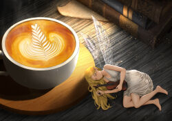 Rule 34 | 1girl, absurdres, bare arms, bare legs, bare shoulders, barefoot, blonde hair, book, bow (music), breasts, closed eyes, closed mouth, coffee, coffee cup, cup, disposable cup, dress, fairy, fairy wings, from above, full body, highres, holding, holding bow (music), holding instrument, holding violin, indoors, instrument, light particles, long hair, lying, medium breasts, on side, original, otter paw (otter696969), pointy ears, sleeping, sleeveless, sleeveless dress, solo, table, transparent wings, violin, white dress, wings, wooden table