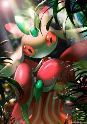 Rule 34 | blurry, claws, commentary request, creatures (company), day, ekm, game freak, gen 7 pokemon, highres, lens flare, light rays, looking at viewer, lurantis, nintendo, no humans, orange eyes, outdoors, pokemon, pokemon (creature), solo