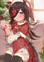 Rule 34 | 1girl, blurry, blurry background, blush, bokeh, brown hair, christmas, christmas tree, commentary, depth of field, flower, hair flower, hair ornament, hair over eyes, hat, highres, horse girl, jewelry, lens flare, long hair, maruro, one eye covered, open mouth, purple eyes, red flower, red ribbon, ribbon, rice shower (umamusume), santa costume, santa hat, solo, thighhighs, thighs, umamusume, very long hair, zettai ryouiki