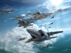 Rule 34 | absurdres, ace combat, ace combat 6, aigaion, aircraft, airplane, cloud, cottus, f-15, f-15 eagle, f-18, fighter jet, flying, flying boat, garuda 1, highres, jet, lens flare, military, military vehicle, missile, no humans, ocean, p-1112 aigaion, p-1113 kottos, signature, sky, su-33, sun, thompson (artist), thompson (solowingfh), vehicle focus