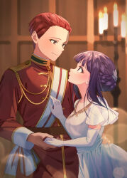 Rule 34 | 1boy, 1girl, aristocratic clothes, blurry, blurry background, coat, depth of field, dress, elbow gloves, epaulettes, fern (sousou no frieren), gloves, hand on another&#039;s waist, highres, holding hands, indoors, long hair, looking at another, military uniform, purple eyes, purple hair, red coat, red eyes, red hair, short hair, sousou no frieren, stark (sousou no frieren), togetoge04, uniform, updo, upper body, white dress, white gloves
