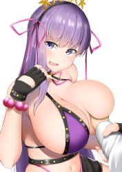 Rule 34 | 1girl, bad id, bad pixiv id, bare shoulders, bb (fate), bb (fate) (all), bb (swimsuit mooncancer) (fate), bb (swimsuit mooncancer) (second ascension) (fate), bead bracelet, beads, bikini, bikini pull, black garter belt, black gloves, black shorts, blush, bracelet, breasts, cleavage, clothes pull, fate/grand order, fate (series), fingerless gloves, garter belt, gloves, grabbing, grabbing another&#039;s breast, grabbing another's breast, guided breast grab, guiding hand, hair ornament, hair ribbon, hairband, highres, jewelry, kitajima yuuki, large breasts, long hair, looking at viewer, micro shorts, navel, neck ribbon, one breast out, open mouth, purple bikini, purple eyes, purple hair, ribbon, shorts, simple background, smile, solo focus, star (symbol), star hair ornament, studded garter belt, swimsuit, thighs, very long hair, white background