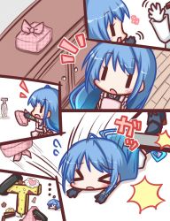 Rule 34 | &gt; &lt;, ..., 1boy, 1girl, :d, :o, apron, bare shoulders, bento, black gloves, blue hair, blush, comic, commentary request, flying sweatdrops, food, food on head, gloves, hair between eyes, heart, holding, jacket, kantai collection, komakoma (magicaltale), long hair, lying, military jacket, object on head, on stomach, open mouth, outstretched arm, pink apron, running, samidare (kancolle), shirt, silent comic, sleeveless, sleeveless shirt, smile, standing, t-head admiral, tears, tripping, very long hair, white gloves, white jacket, white shirt, wooden floor, | |, || ||