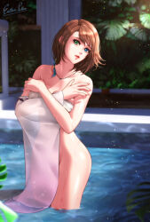 Rule 34 | 1girl, bathing, blue eyes, brown hair, covering privates, crossed arms, esther shen, final fantasy, final fantasy x, fingernails, green eyes, head tilt, heterochromia, jewelry, leaf, lips, looking at viewer, medium hair, necklace, nude, partially submerged, see-through, shiny skin, signature, single sleeve, solo, thighs, water, white sleeves, yuna (ff10)