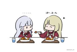 Rule 34 | ..., 2girls, ^ ^, assault lily, blonde hair, blunt bangs, brown sailor collar, chibi, closed eyes, cup, curry, curry rice, drinking glass, feeding, food, grey hair, hair ribbon, hand on table, hands up, heart, highres, holding, holding spoon, kabayaki (kabayaki eel), kanba girls high school uniform, kon kanaho, long hair, long sleeves, looking at food, miyagawa takane, multiple girls, necktie, no mouth, plate, purple ribbon, ribbon, rice, sailor collar, school uniform, serafuku, shrimp, shrimp tempura, simple background, solid oval eyes, spoon, tempura, translated, tray, twitter username, water, white background, white necktie