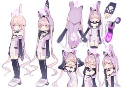 Rule 34 | !, 1girl, :d, ^ ^, anger vein, animal ears, animal hood, arms up, artist name, ass, bare shoulders, bikini, bikini top only, bikini under clothes, black bikini, black bow, black neckwear, black thighhighs, blush, bow, bowtie, breasts, cat ears, closed eyes, closed mouth, commentary request, covered navel, detached collar, doremi (doremi4704), eighth note, facing viewer, full body, hair between eyes, heart, highres, hood, hood down, hood up, hoodie, light brown hair, long hair, long sleeves, looking at viewer, mask, mask on head, multiple views, musical note, nose blush, open mouth, original, paw print, pink eyes, pink footwear, pink hair, rabbit ears, rabbit hood, rabbit tail, roller shoes, shoe soles, shoes, simple background, sleep mask, sleeves past wrists, small breasts, smile, squiggle, standing, swimsuit, tail, tears, teeth, thighhighs, twintails, upper teeth only, very long hair, virtual youtuber, white background