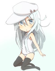 Rule 34 | 10s, 1girl, black thighhighs, grey eyes, hammer and sickle, hat, hibiki (kancolle), kantai collection, long hair, looking at viewer, nonono mino, one-piece swimsuit, school swimsuit, silver hair, solo, star (symbol), swimsuit, thighhighs, verniy (kancolle), white one-piece swimsuit