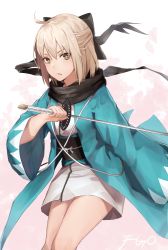 Rule 34 | 1girl, absurdres, ahoge, black bow, black cola, black ribbon, black scarf, black thighhighs, blonde hair, blush, bow, breasts, fate/grand order, fate (series), hair bow, hair ribbon, half updo, highres, hilt, holding, holding sword, holding weapon, japanese clothes, katana, kimono, leaning forward, long hair, looking at viewer, obi, okita souji (fate), okita souji (koha-ace), open mouth, outdoors, pink background, ribbon, sash, scarf, shinsengumi, short hair, short kimono, simple background, sleeves past elbows, snow, solo, standing, sword, thighhighs, unsheathed, weapon, wide sleeves, yellow eyes