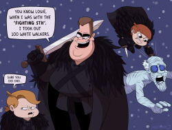 Rule 34 | 4boys, a song of ice and fire, andy anderson, artist name, bitkadej, black coat, black gloves, blonde hair, brothers, brown hair, coat, crossover, dagger, english text, family, fat, fat man, father and son, frown, fur trim, game of thrones, gloves, highres, holding, holding dagger, holding knife, holding sword, holding weapon, jumping, knife, life with louie, looking at another, looking to the side, louie anderson, male focus, multiple boys, open mouth, parody, short hair, siblings, smile, snowing, speech bubble, stab, sword, talking, tommy anderson, toon (style), weapon