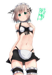 Rule 34 | 1girl, alternate costume, apron, bad id, bad pixiv id, black skirt, blush, breasts, brown hair, choker, closed mouth, collarbone, enmaided, from below, green eyes, hair ornament, hairclip, hand on own chest, highres, hip bones, kohshibasaki, looking at viewer, looking down, maid, maid apron, maid headdress, midriff, miniskirt, navel, shiny skin, short hair, simple background, skirt, small breasts, solo, standing, white background, yama no susume, yukimura aoi