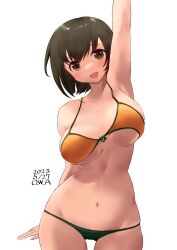 Rule 34 | 1girl, alternate costume, arm up, armpits, bikini, blush, breasts, brown eyes, brown hair, cowboy shot, dated, highres, hiryuu (kancolle), kantai collection, large breasts, looking at viewer, navel, one-hour drawing challenge, orange bikini, owa (ishtail), short hair, simple background, smile, solo, swimsuit, thigh gap, white background