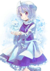Rule 34 | 1girl, apron, bad id, bad pixiv id, bloomers, blush, boots, breasts, chikamichi (ssssgirl), cirno, hat, juliet sleeves, lapel pin, letty whiterock, long sleeves, matching hair/eyes, puffy sleeves, purple eyes, purple hair, scarf, short hair, skirt, smile, snow, snowman, solo, touhou, underwear