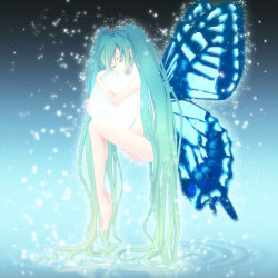 Rule 34 | aqua hair, bad id, bad pixiv id, butterfly wings, closed eyes, egg, hatsune miku, insect wings, long hair, mikazuki sara, nude, solo, twintails, very long hair, vocaloid, wings