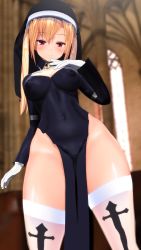 Rule 34 | 1girl, 3d, blonde hair, breasts, covered erect nipples, covered navel, gloves, highres, large breasts, long hair, minamo rm, nun, original, red eyes, seductive smile, skin tight, smile, solo, thighhighs, thighs, veil, white gloves, white thighhighs