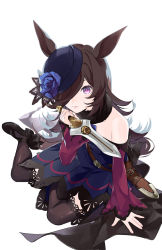 Rule 34 | 1girl, animal ears, arm support, bare shoulders, black footwear, black hat, blue dress, blue flower, blue rose, brown hair, brown thighhighs, dagger, dress, flower, full body, hair over one eye, hand up, hat, hat flower, highres, holding, holding dagger, holding knife, holding weapon, horse ears, horse girl, horse tail, knife, long hair, long sleeves, looking at viewer, off-shoulder dress, off shoulder, pleated dress, red eyes, rice shower (umamusume), rose, shoes, simple background, sleeves past wrists, solo, tail, tenni noboru, thighhighs, tilted headwear, umamusume, very long hair, weapon, white background