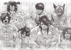 Rule 34 | 6+boys, abs, animal ears, bara, bare pectorals, breath, cat ears, character request, crossed arms, draph, facial hair, geisenborger, granblue fantasy, greyscale, headband, highres, male focus, mature male, medium hair, monochrome, multiple boys, muscular, muscular male, navel, navel hair, nicholas (granblue fantasy), no nipples, pectorals, petite, reinhardtzar, sauna, short hair, sideburns, size difference, steam, stomach, stubble, sweat, swept bangs, toned, toned male, zanki