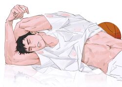 Rule 34 | 11114tai, 1boy, arm pillow, ball, bara, basketball (object), black eyes, black hair, closed eyes, clothes lift, highres, lying, male focus, mitsui hisashi, muscular, muscular male, navel, on floor, on side, open mouth, partially undressed, reflection, reflective floor, scar, scar on chin, scar on face, shirt, shirt lift, short hair, simple background, slam dunk (series), solo, stomach, sweat, upper body, very sweaty, wet, wet clothes, white background, white shirt