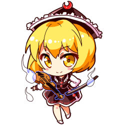 Rule 34 | 1girl, black hat, black skirt, black vest, blonde hair, blush stickers, bow (music), chibi, crescent, frilled hat, frills, full body, hand on own hip, hat, hitodama, instrument, long sleeves, looking at viewer, lowres, lunasa prismriver, outstretched arm, renren (ah renren), short hair, simple background, skirt, smile, solo, touhou, vest, violin, white background, white legwear, yellow eyes