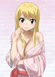 Rule 34 | 1girl, arm under breasts, blonde hair, blush, body blush, breasts, breasts squeezed together, brown eyes, cleavage, collarbone, eyelashes, fairy tail, female focus, fingernails, gaston18, hand on own cheek, hand on own face, highres, japanese clothes, kimono, large breasts, long hair, looking at viewer, lucy heartfilia, neck, no bra, no panties, off shoulder, pink kimono, pink yukata, red sash, sash, standing, striped clothes, striped kimono, traditional clothes, yukata