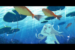 Rule 34 | 1girl, arms up, bad id, bad pixiv id, blonde hair, blue eyes, bubble, fish, ika, letterboxed, lily pad, long hair, looking up, open mouth, solo, submerged, underwater