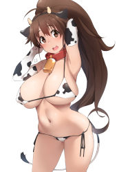 Rule 34 | 1girl, ahoge, animal ears, animal print, armpits, arms up, bare shoulders, bell, bikini, blush, breasts, brown eyes, brown hair, cat, chinese zodiac, cleavage, collar, contrapposto, cow ears, cow horns, cow print, cow tail, cowbell, cowboy shot, elbow gloves, fake animal ears, flipped hair, gloves, hair between eyes, highres, horns, huge breasts, kuronyan, long hair, looking at viewer, micro bikini, navel, open mouth, ponytail, red collar, side-tie bikini bottom, sidelocks, simple background, solo, swimsuit, tail, taneshima popura, teeth, upper teeth only, very long hair, white background, working!!, year of the ox