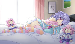 Rule 34 | 1girl, absurdres, alexstardust31, ass, bare shoulders, blush, braid, braided ponytail, character doll, commission, dress, frilled dress, frills, full body, highres, indoors, kami jigen game neptune v, knee up, legs, long hair, long sleeves, looking at viewer, lying, neptune (neptunia), neptune (series), off-shoulder dress, off shoulder, on bed, on side, parted lips, pink eyes, purple hair, pururut, solo, staring, striped clothes, striped thighhighs, thighhighs, thighs, very long hair, waking up, wide sleeves