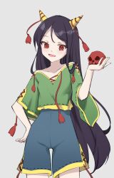 Rule 34 | 1girl, black hair, blue shorts, collarbone, cowboy shot, green shirt, grey background, highres, holding, holding skull, horns, long hair, nippaku zanmu, oeyama, oni horns, open mouth, red eyes, shirt, short sleeves, shorts, simple background, skull, smile, solo, touhou, unfinished dream of all living ghost, wide sleeves