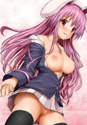 Rule 34 | 1girl, animal ears, bare shoulders, black thighhighs, blastbeat, blazer, blush, breasts, censored, female focus, from below, highres, jacket, large breasts, long hair, nipples, no bra, no panties, off shoulder, open clothes, open mouth, pink hair, pleated skirt, pussy, pussy juice, rabbit ears, red eyes, reisen udongein inaba, skirt, solo, thighhighs, touhou, upskirt