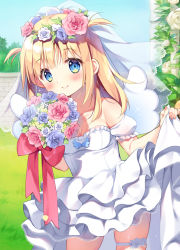 Rule 34 | 1girl, bare shoulders, blonde hair, blue eyes, blue sky, blush, bouquet, bow, closed mouth, commentary request, day, detached sleeves, dress, flower, frilled dress, frills, long hair, looking at viewer, original, outdoors, pan (mimi), pink flower, pink rose, puffy short sleeves, puffy sleeves, purple flower, purple rose, red bow, rose, see-through, short sleeves, skindentation, sky, smile, solo, strapless, strapless dress, thigh strap, two side up, veil, white dress, white flower, white rose, white sleeves